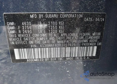 2024 Subaru Legacy Premium from USA, damaged, VIN 4S3BWAF62R3027625